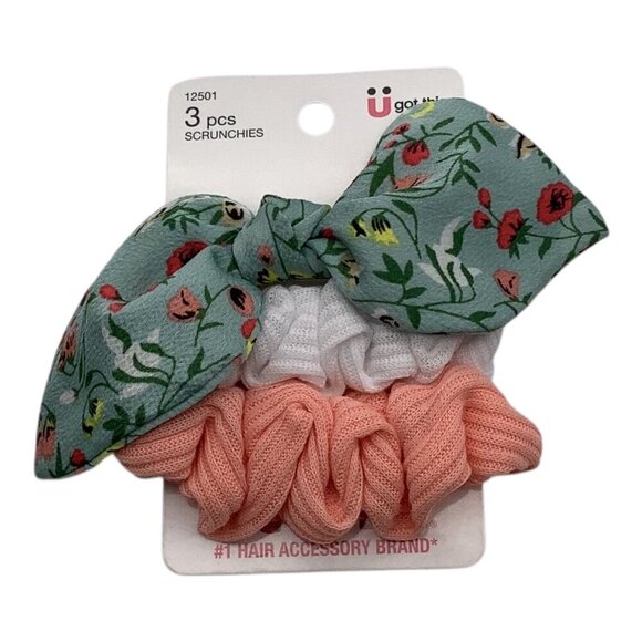 Scünci 3 Pcs U Got This Hair Scrunchies W/ Floral Bow Coral Multicolor 12501 - Picture 4 of 7